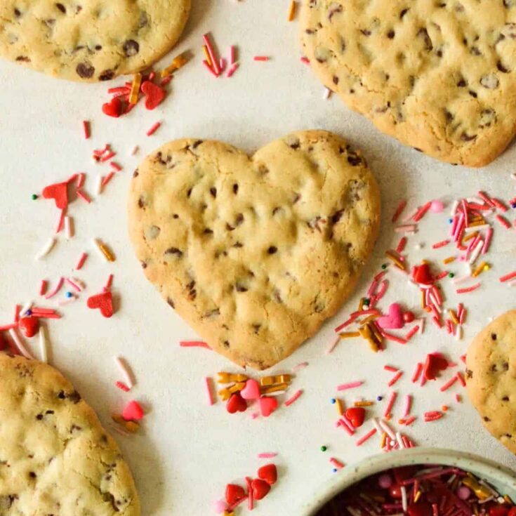 Heart shaped chocolate chip cookies made after reading these Valentine cookies