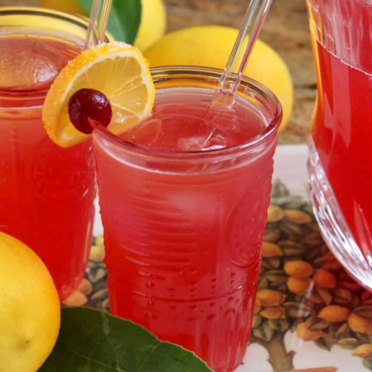 Homemade cranberry lemonade drink made after reading these non-alcoholic pink drinks for Valentine's Day