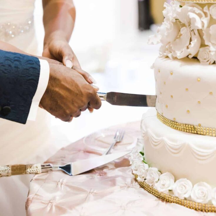 A bride and groom cutting the wedding cake together: Wedding cake captions