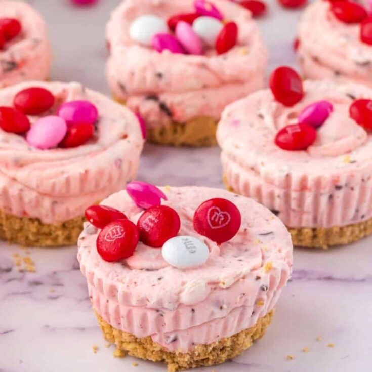 A set of mini Valentine's cheesecakes made after reading these Valentines Day Desserts