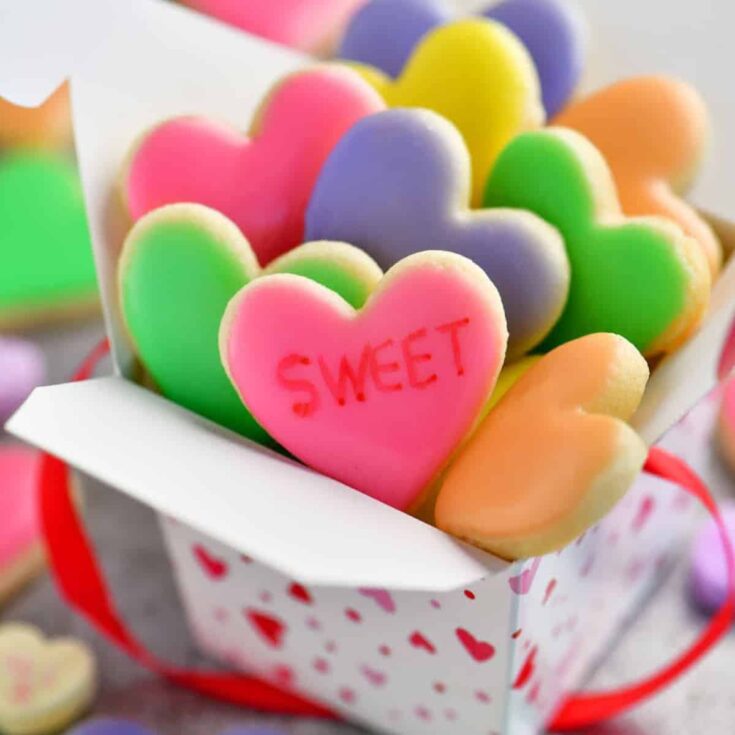 Mini conversation heart cookies made after reading these Valentine cookies