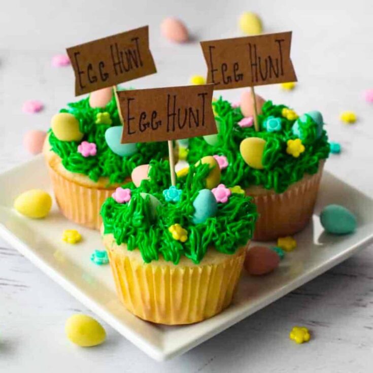 Three mini egg cupcakes, with egg hunt signs, baked after reading these Easter cupcake recipes