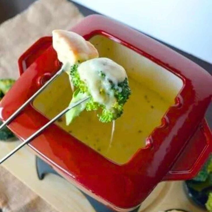 A bread and broccoli dipped on a Pepperjack fondue after reading these Easy fondue recipes