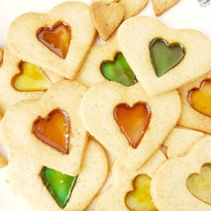 Heart shaped stained glass cookies made after reading these Valentine cookies