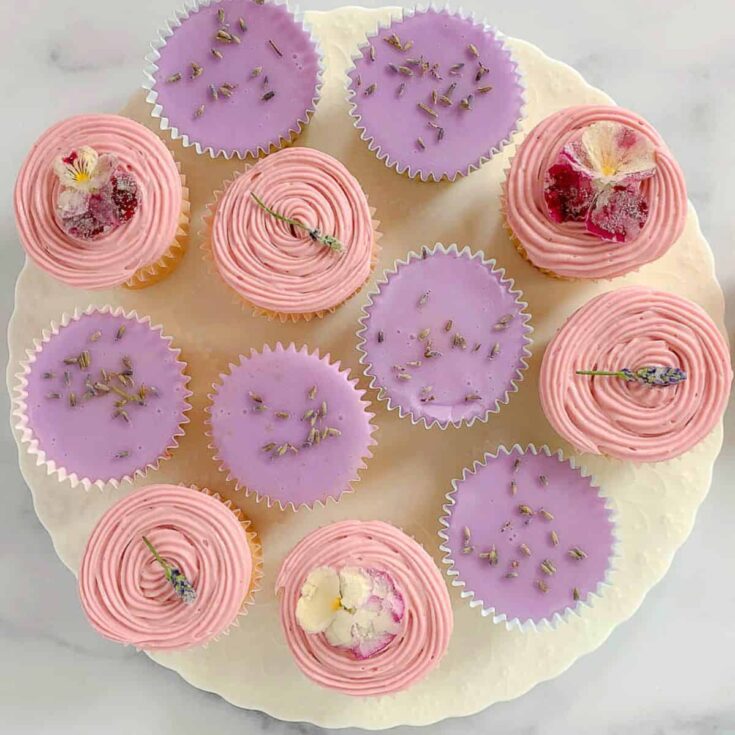 A set of pink and lavender cupcakes baked after reading these Easter cupcakes