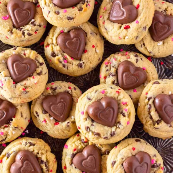 A set of Valentine chocolate chip cookies