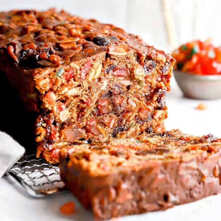 Sliced vegan Christmas fruitcake baked after reading these Christmas cake recipes