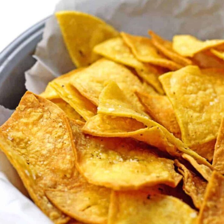 A bowl of Air fryer tortilla chips made after reading these Mexican appetizers for Cinco de Mayo