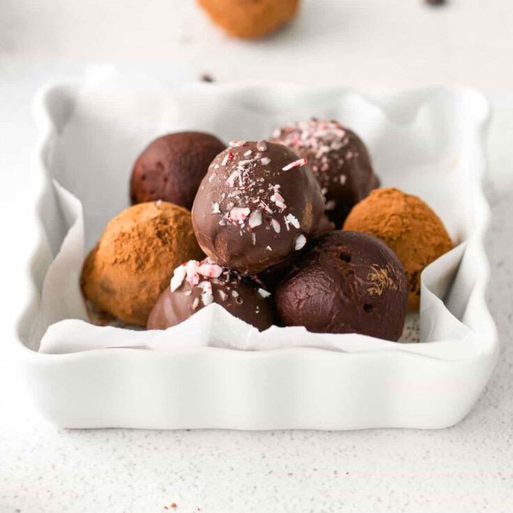 A set of Boozy dark chocolate peppermint truffles made after reading these Christmas truffle ideas