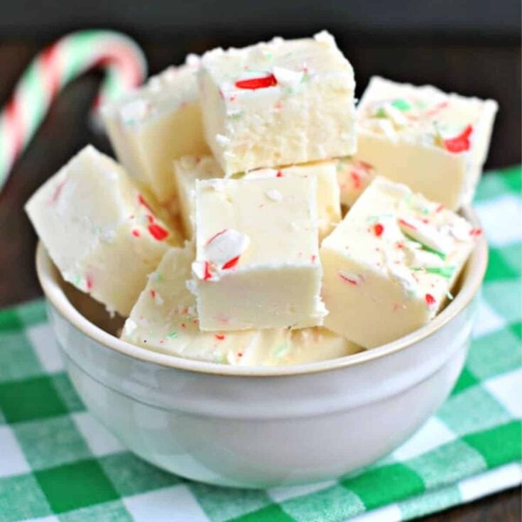 A bowl of candy cane fudge perfect as Christmas treats
