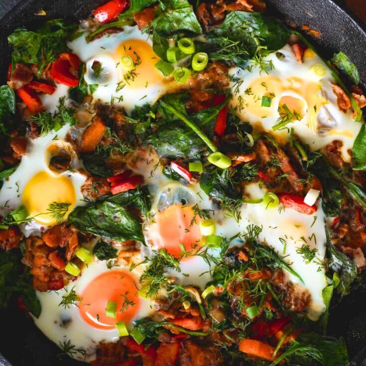 Cast iron breakfast skillet in a pan, made after reading these Christmas breakfast ideas