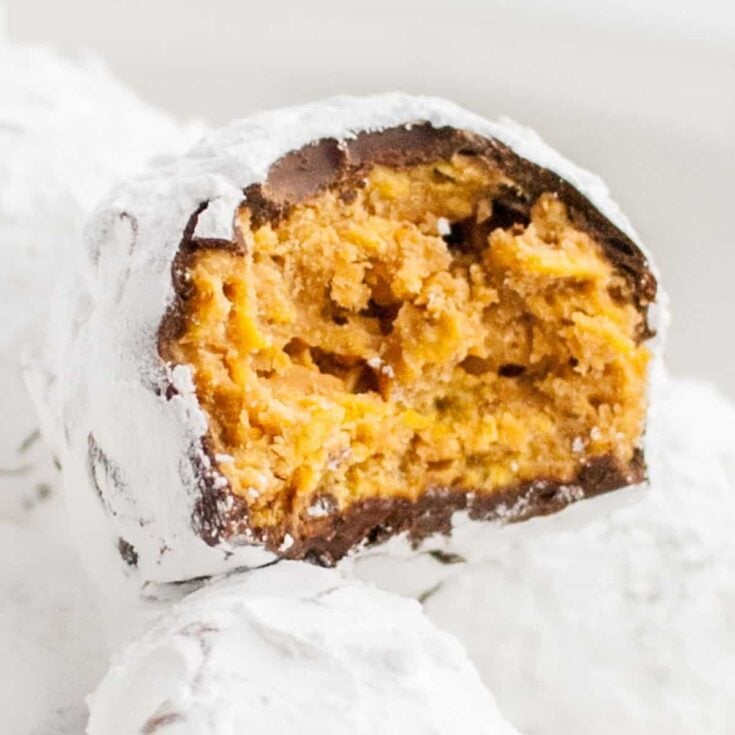 A bite on chocolate and sugar coated Scotcheroo Ttuffles perfect as Christmas treats