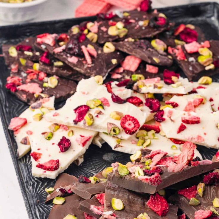 A tray of chocolate bark made after reading these Valentines Day Desserts