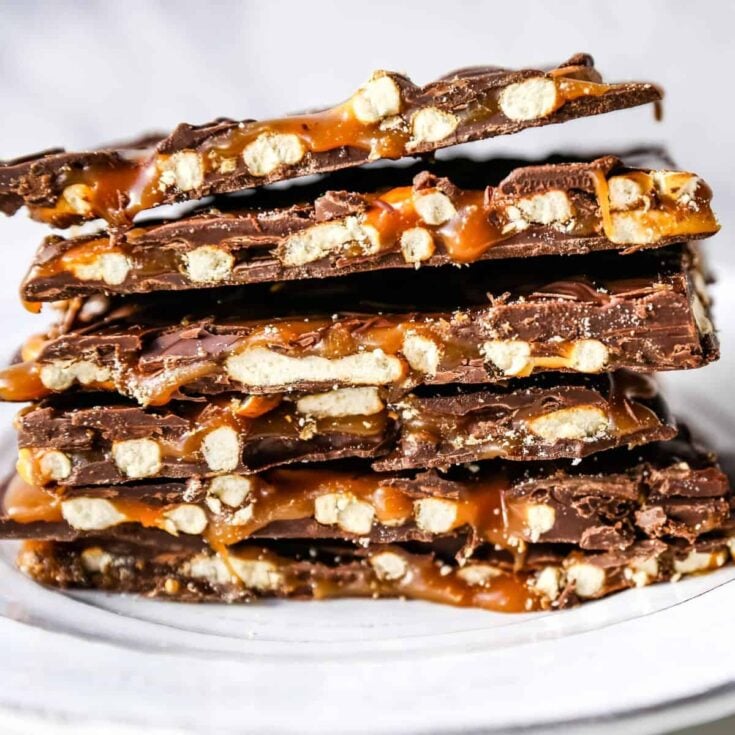 A stack of chocolate caramel pretzel bark perfect as Christmas treats