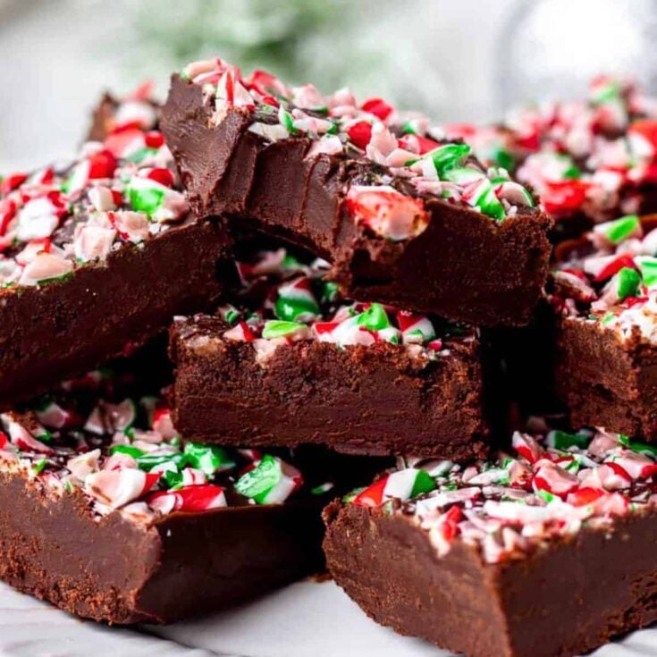 Christmas fudge with peppermint candies on top, made after reading these Christmas candy recipes