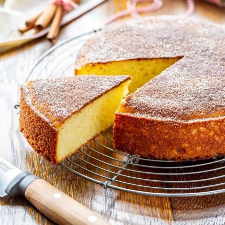 A slice of cinnamon breakfast cake made after reading these Christmas breakfast ideas