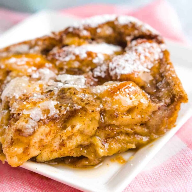 A plate of cinnamon roll casserole made after reading these Christmas breakfast ideas