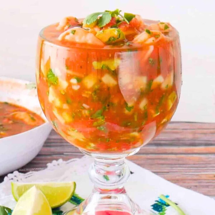 A glass of Coctel de camarones Mexican shrimp cocktail made after reading these Mexican appetizers for Cinco de Mayo