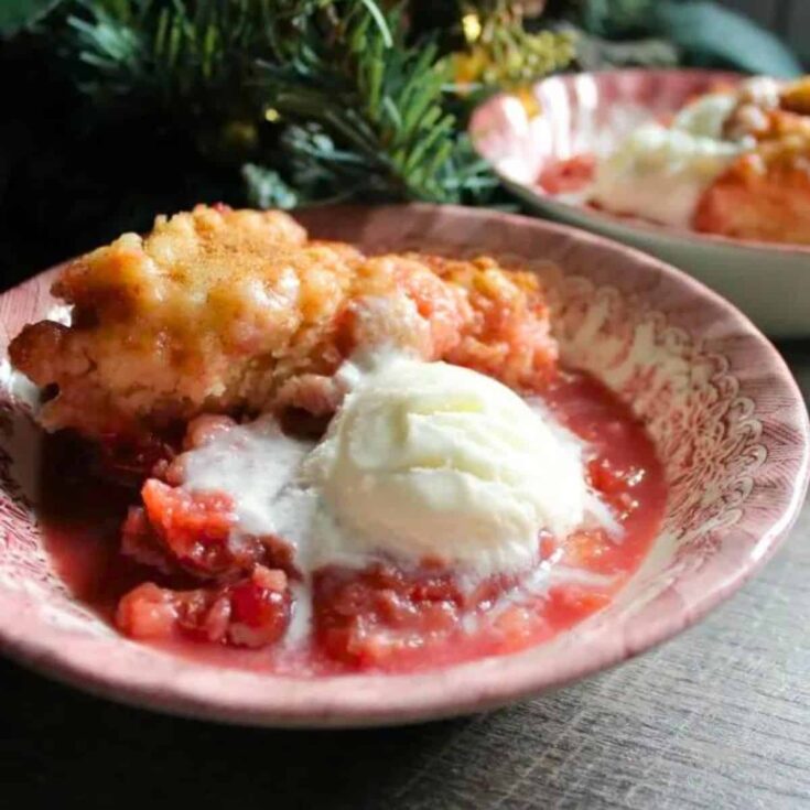 A bowl of cranberry apple cobbler in the slow cooker made after reading these Christmas breakfast ideas
