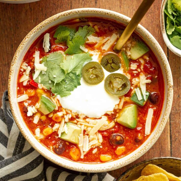 A bowl of spicy Mexican chilli bean soup made after reading these Cinco de Mayo dinner recipes