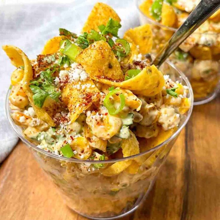 Elote in a cup made after reading these Mexican appetizers for Cinco de Mayo