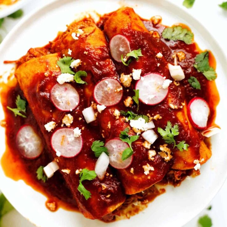 A plate of Enchiladas rojas or Red enchilda sauce made after reading these Cinco de Mayo dinner recipes