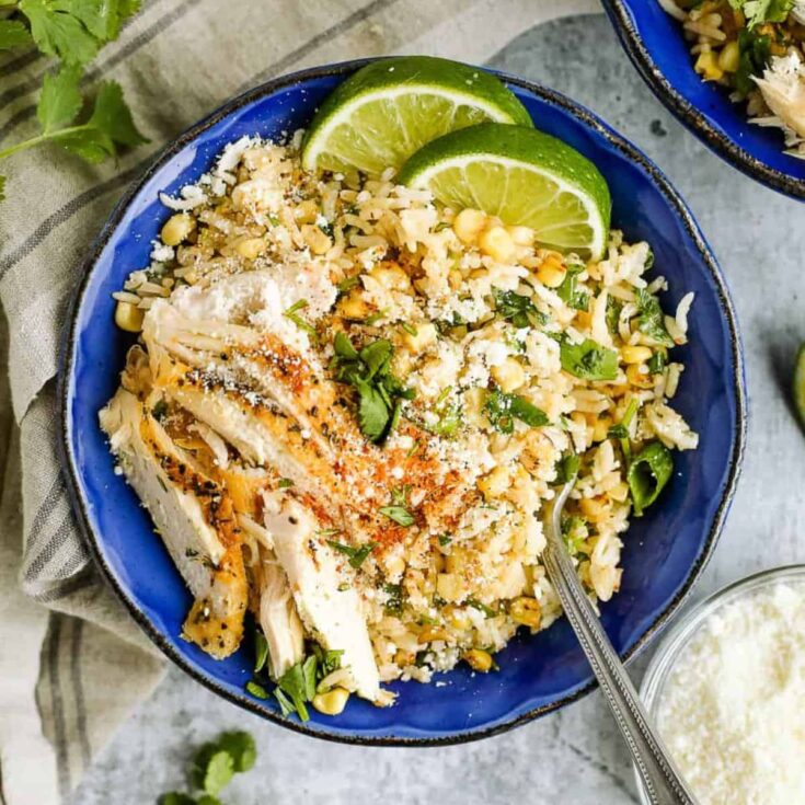 A bowl of Esquites-inspired Mexican street corn and rice bowls made after reading these Cinco de Mayo dinner recipes