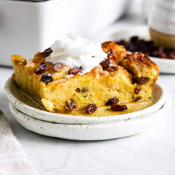 A plate of French toast casserole with raisins made after reading these Christmas breakfast ideas