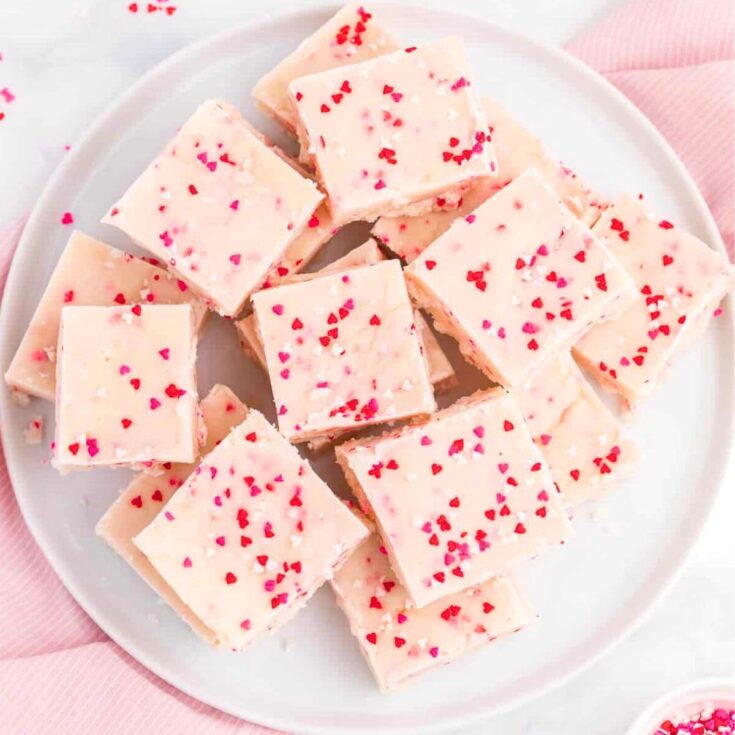 A tray of pink fudges made after reading these Valentines Day Desserts