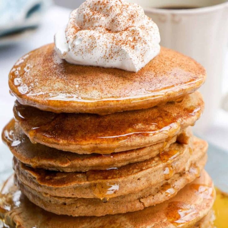 A stack of gingerbread oat flour pancakes made after reading these Christmas breakfast ideas