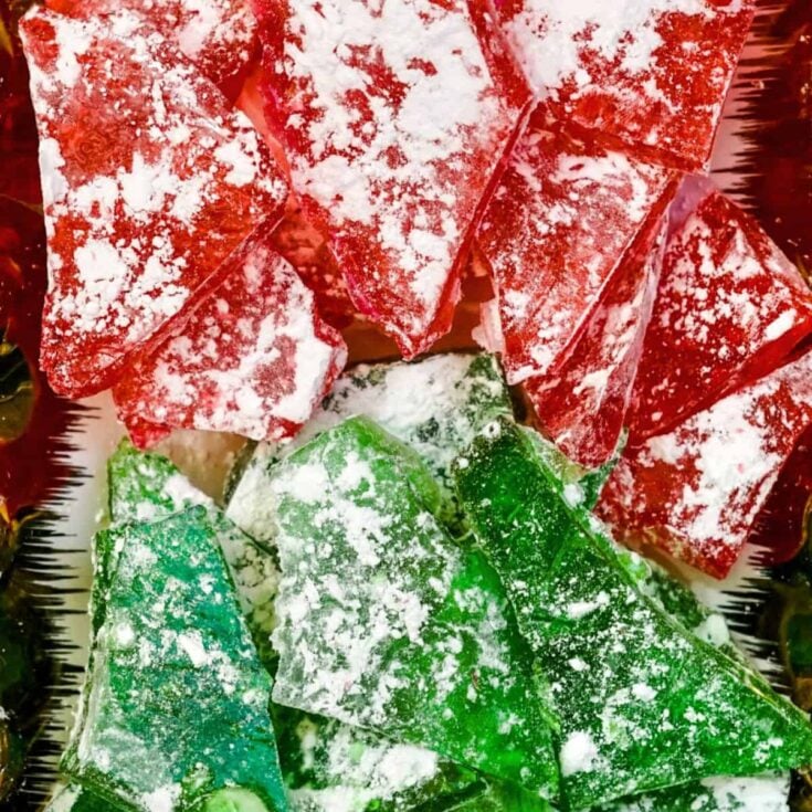 Red and green glass candy made after reading these Christmas candy recipes