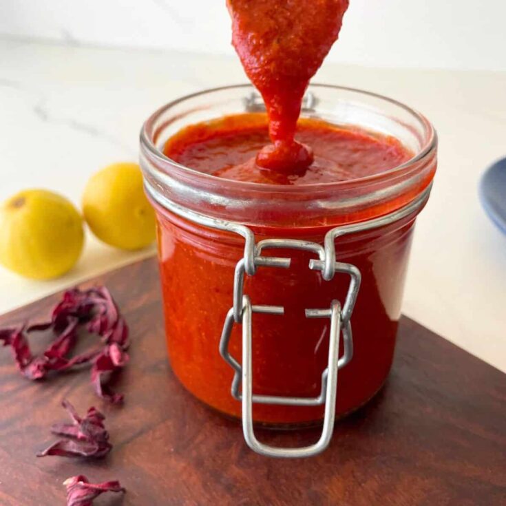 A glass of Mexican chamoy dip made after reading these Mexican appetizers for Cinco de Mayo