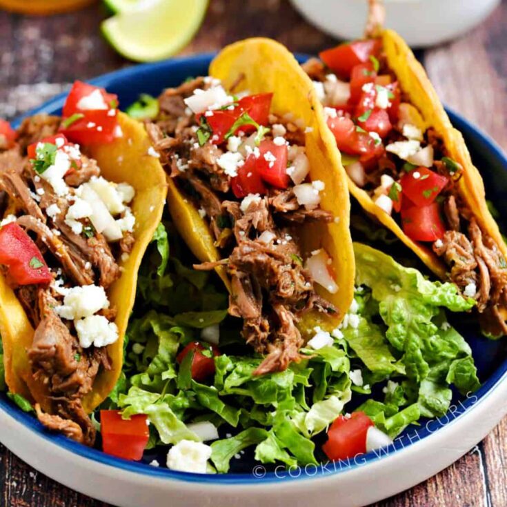 A set of Mexican shredded beef tacos made after reading these Cinco de Mayo dinner recipes