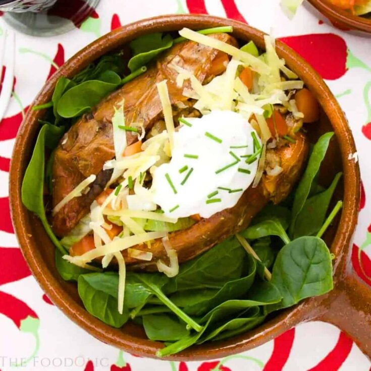 A bowl of Mexican stuffed sweet potato made after reading these Cinco de Mayo dinner recipes