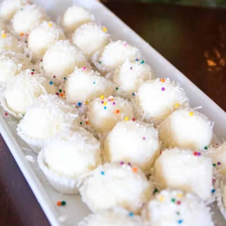 A tray of no-bake Raffaello coconut balls perfect as Christmas treats