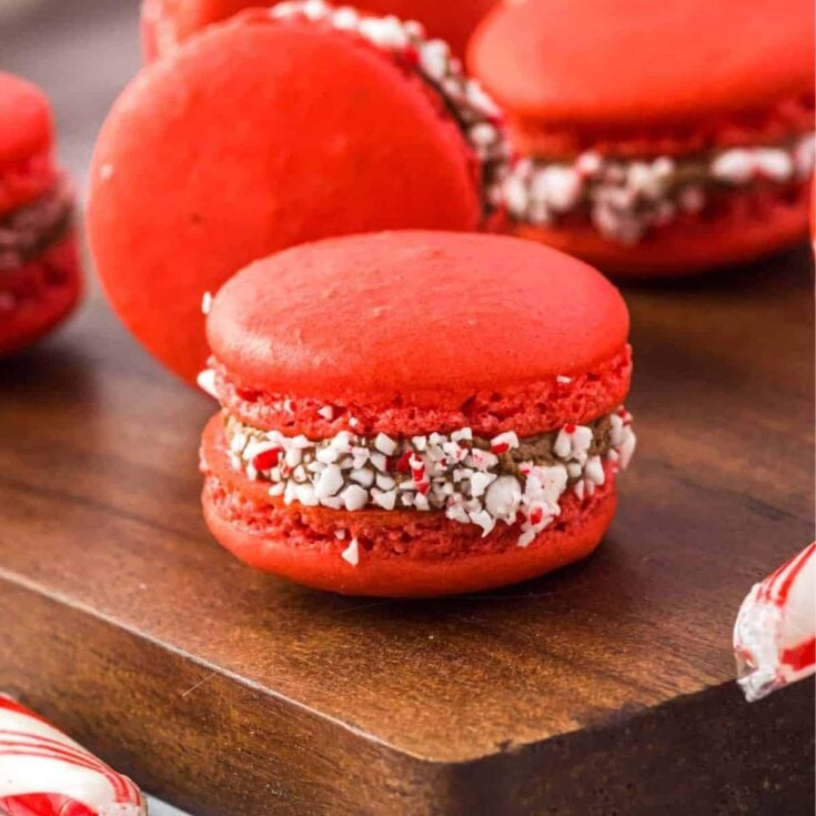 Red peppermint chocolate macarons perfect as Christmas treats