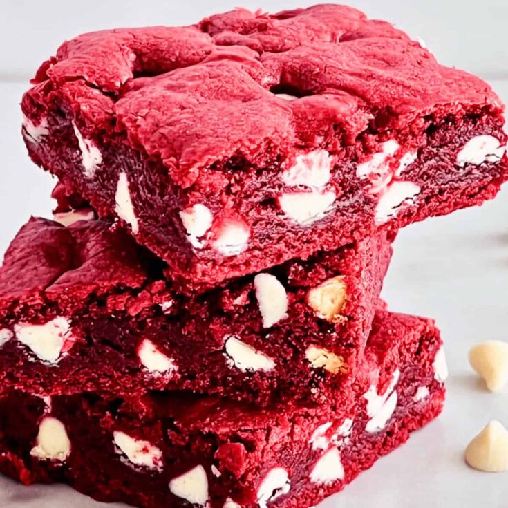Red velvet brownies with cake mix baked after reading these Valentines Day Desserts