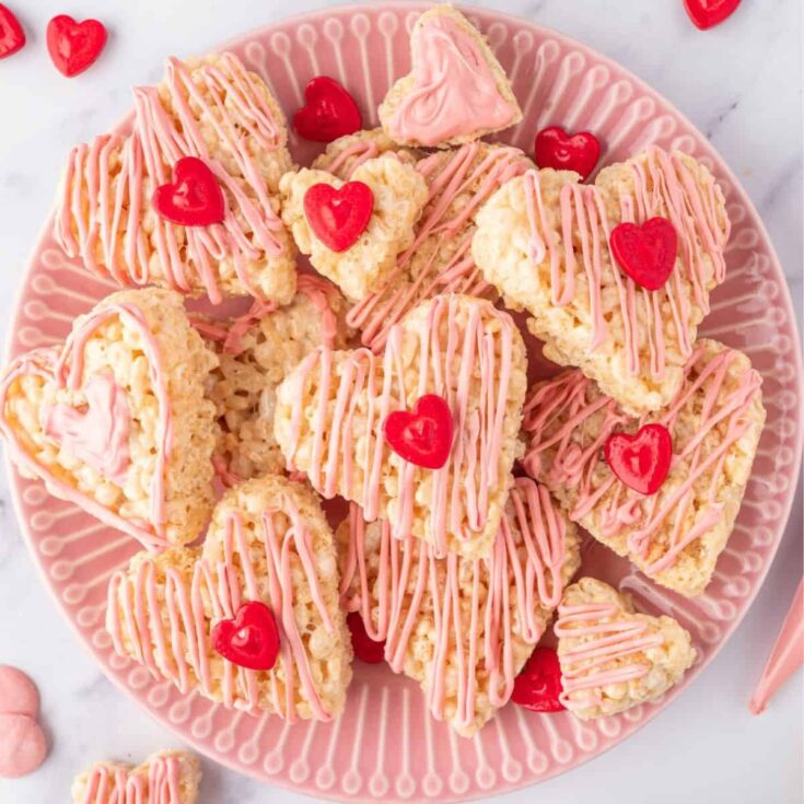 A plate of Rice Krispie treats made after reading these Valentines Day Desserts