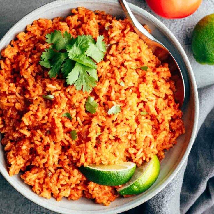 A bowl of rice cooker Mexican rice made after reading these Cinco de Mayo dinner recipes