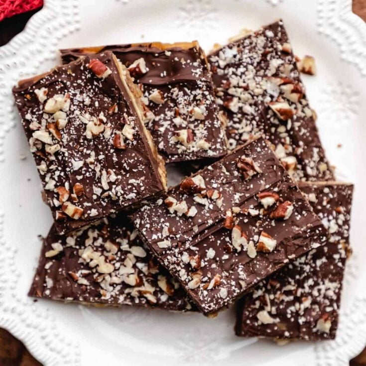 A plate filled with Saltine toffee perfect as Christmas treats