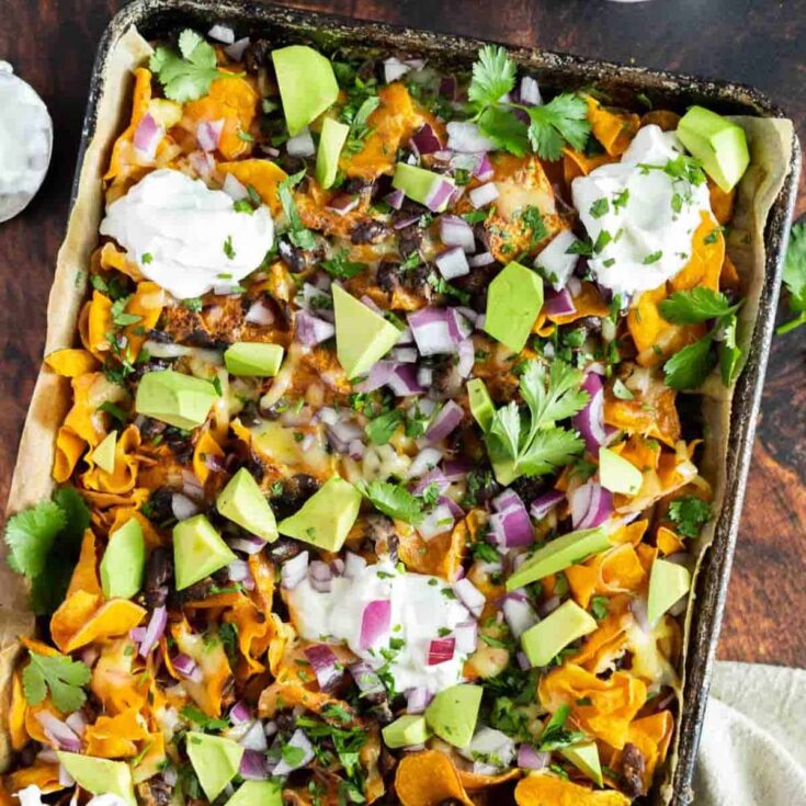 A big tray of sweet potato nachos made after reading these Cinco de Mayo dinner recipes