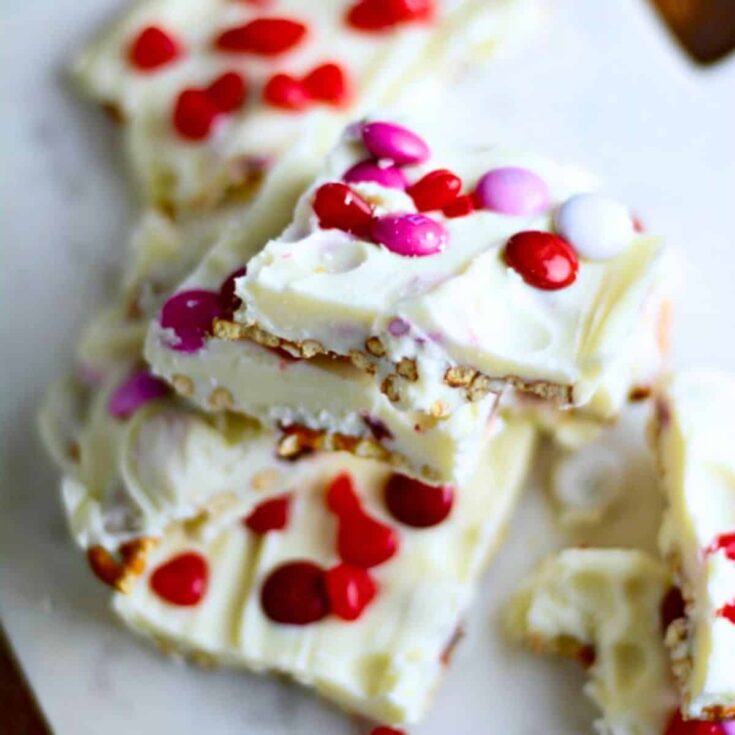 Valentine bark topped with m and m made after reading these Valentines Day Desserts