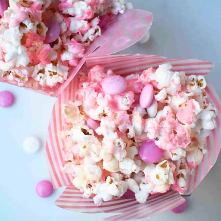 White chocolate m & m popcorn made after reading these Valentines appetizers