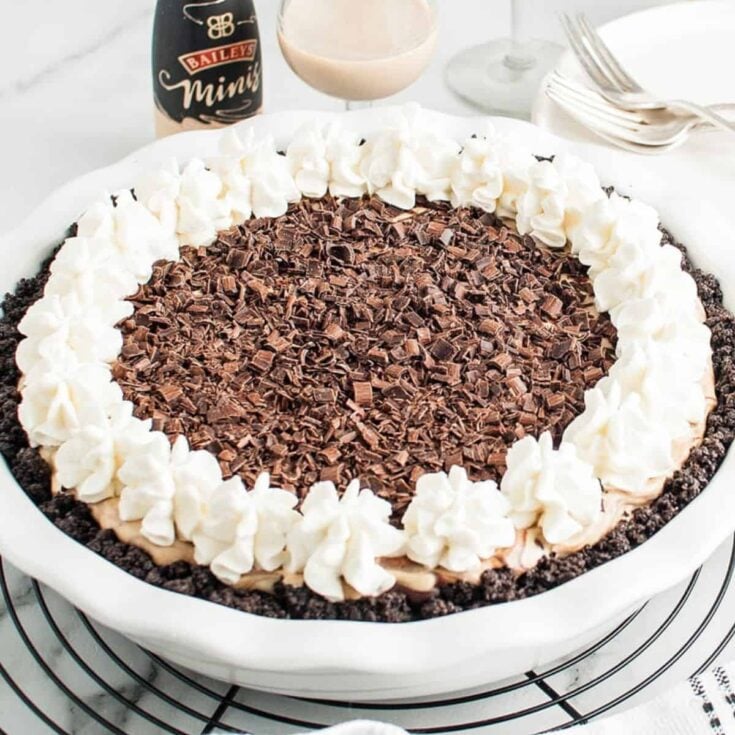 A bowl of Baileys Irish Cream no bake pie with Oreo crust made after reading these St. Patricks Day desserts