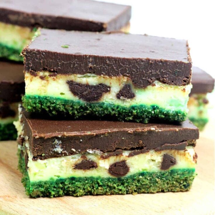 A set of Baileys chocolate frosted cheesecake bars made after reading these St. Patricks Day desserts