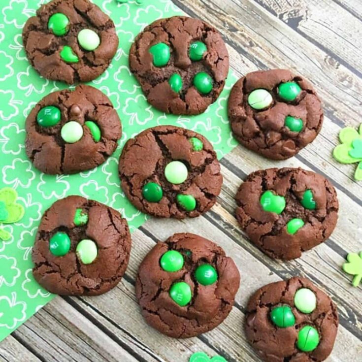 A set of mint m&m double chocolate chip cookies made after reading these St Patricks Day cookies
