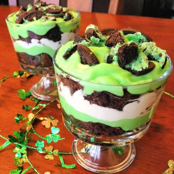 Two brownie trifle made after reading these St. Patricks Day desserts