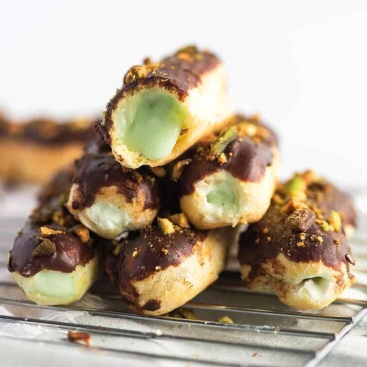 A set of easy chocolate pistachio eclairs made after reading these St. Patricks Day desserts