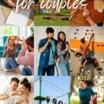 A collage of a couple playing games, a couple singing, a man climbing, a woman in a sack race, a DIY obstacle, and a couple having breakfast in bed, with the text overlay 50+ fun bets for couples