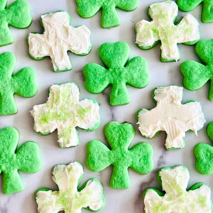 A set of green shamrock sugar cookies made after reading these St Patricks Day cookies